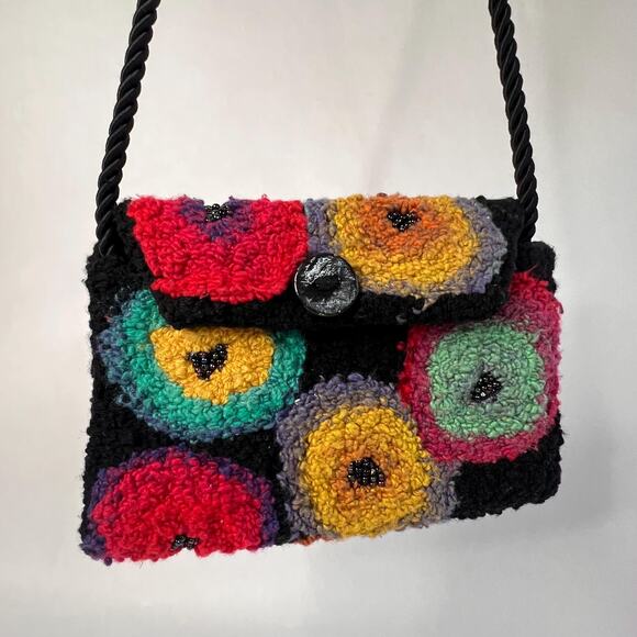 Vintage Handmade Punch Needle Purse – Beaded Shoulder Bag – 1970s Boho Clutch - Picture 2 of 9